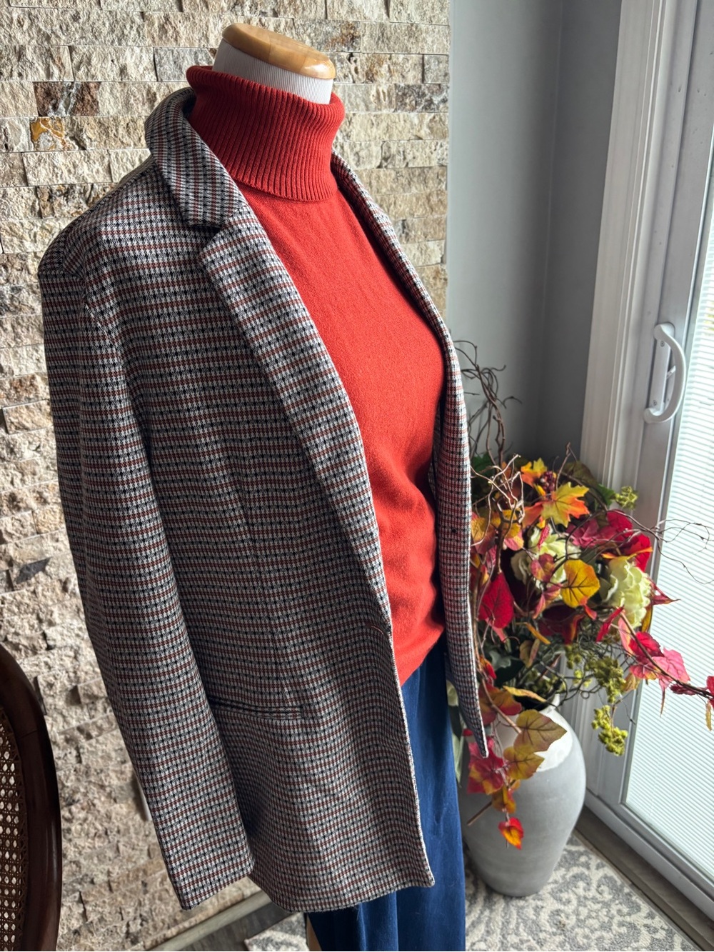Nine West Brown and Burnt Orange Houndstooth Blazer